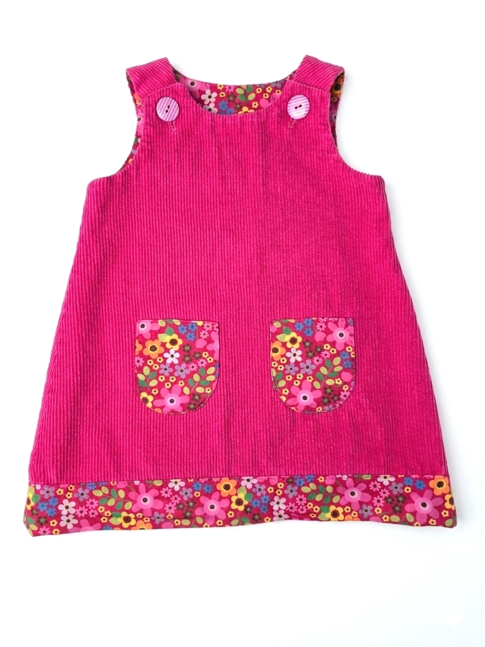 Nosy Rosie Crafts Reversible Pinafore Dress Corduroy Floral Girl 2-3Y